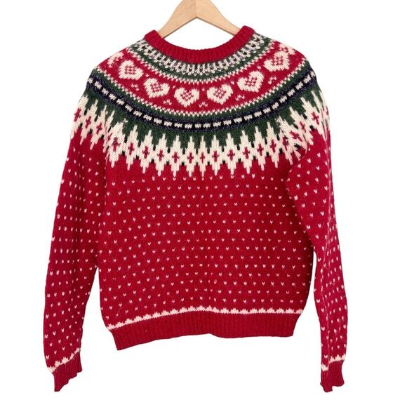 Woolrich Women’s Medium Vintage Red Fair Isle Heart Crewneck Sweater Wool Blend - Picture 3 of 10